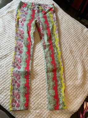 True Freedom Green, Red, Yellow Floral Stripe Straight Leg Jeans